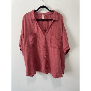 Pilcro 3X Linen Button Up Cropped Top Blouse Red Salmon Summer Cruise Coastal